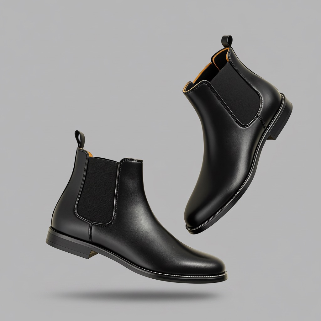 Black leather chelsea boots on neutral background