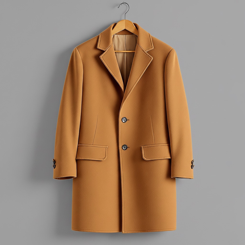 Camel wool topcoat on neutral background