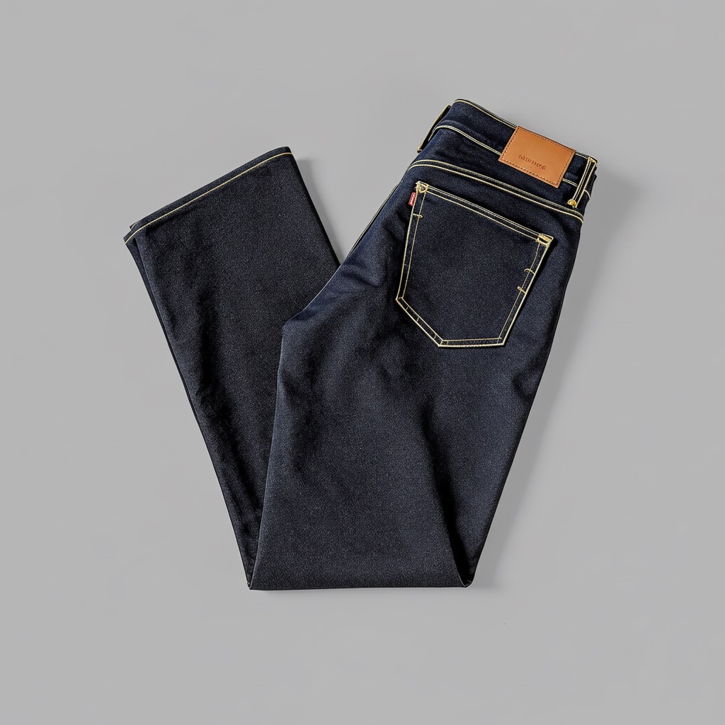 Indigo selvedge denim jeans on neutral background